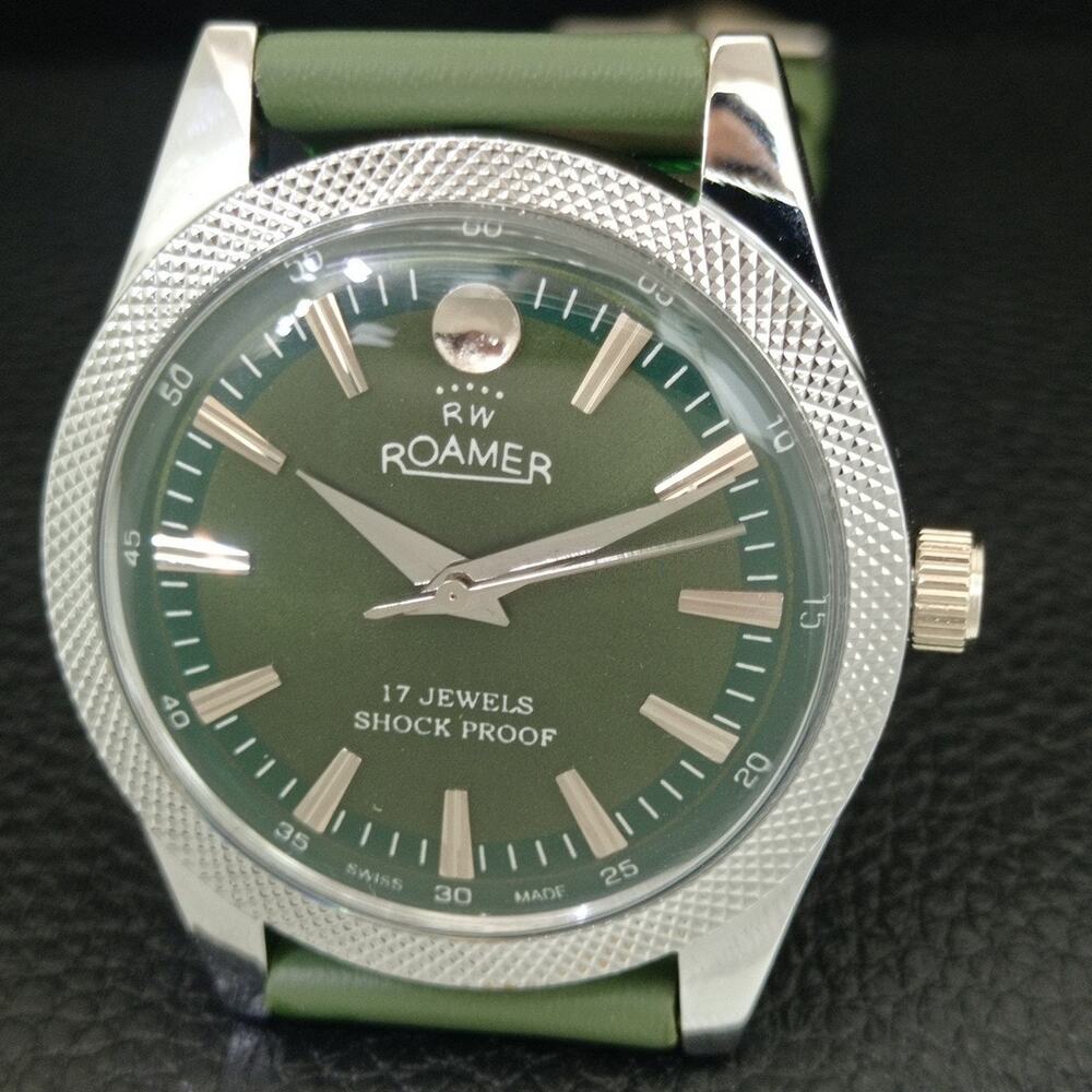 Vintage 1970 Roamer Manual Mens Silver Watch W/Leather Strap & Green accents - Picture 3 of 9